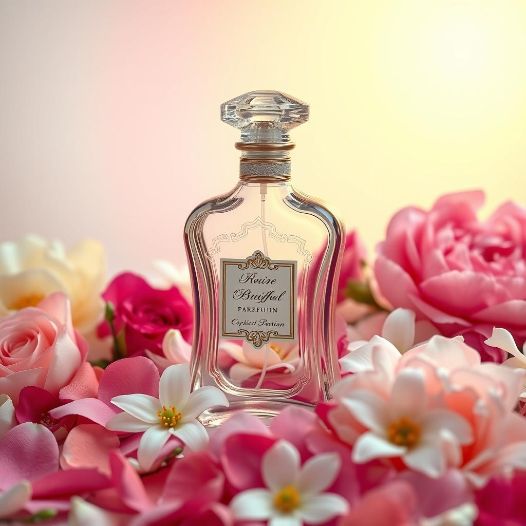 A stunning perfume bottle displayed prominently, showcasing an intricate design with delicate curves and a luxurious finish