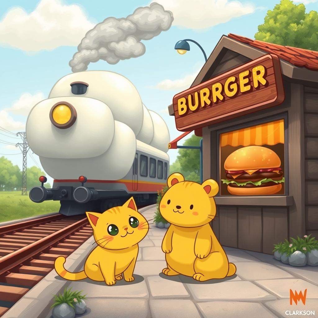 A delightful scene set next to a railroad featuring a whimsical cloud-shaped train station, home to a charming hamburger shop