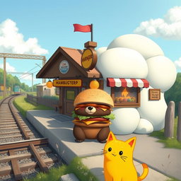 A delightful scene set next to a railroad featuring a whimsical cloud-shaped train station, home to a charming hamburger shop