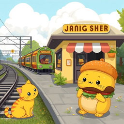 A delightful scene set next to a railroad featuring a whimsical cloud-shaped train station, home to a charming hamburger shop