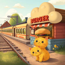 A delightful scene set next to a railroad featuring a whimsical cloud-shaped train station, home to a charming hamburger shop