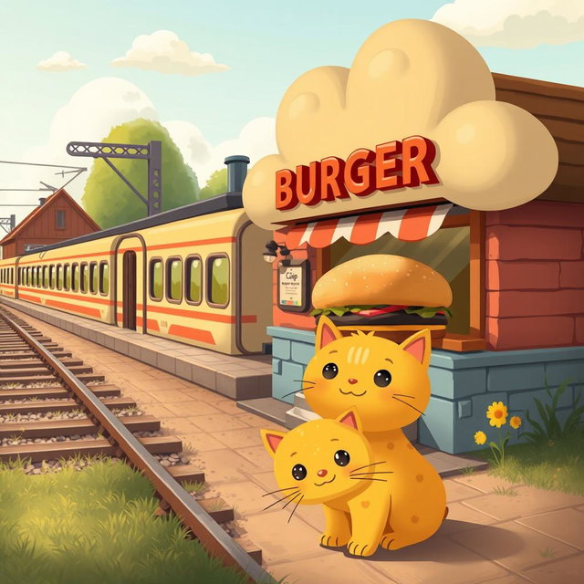 A delightful scene set next to a railroad featuring a whimsical cloud-shaped train station, home to a charming hamburger shop