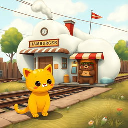 A delightful scene set beside a railroad featuring a playful cloud-shaped train station, home to a whimsical hamburger shop