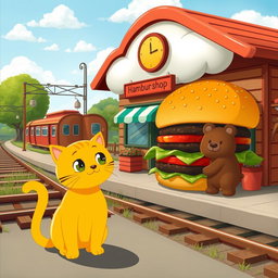 A delightful scene set beside a railroad featuring a playful cloud-shaped train station, home to a whimsical hamburger shop