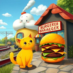 A delightful scene set beside a railroad featuring a playful cloud-shaped train station, home to a whimsical hamburger shop