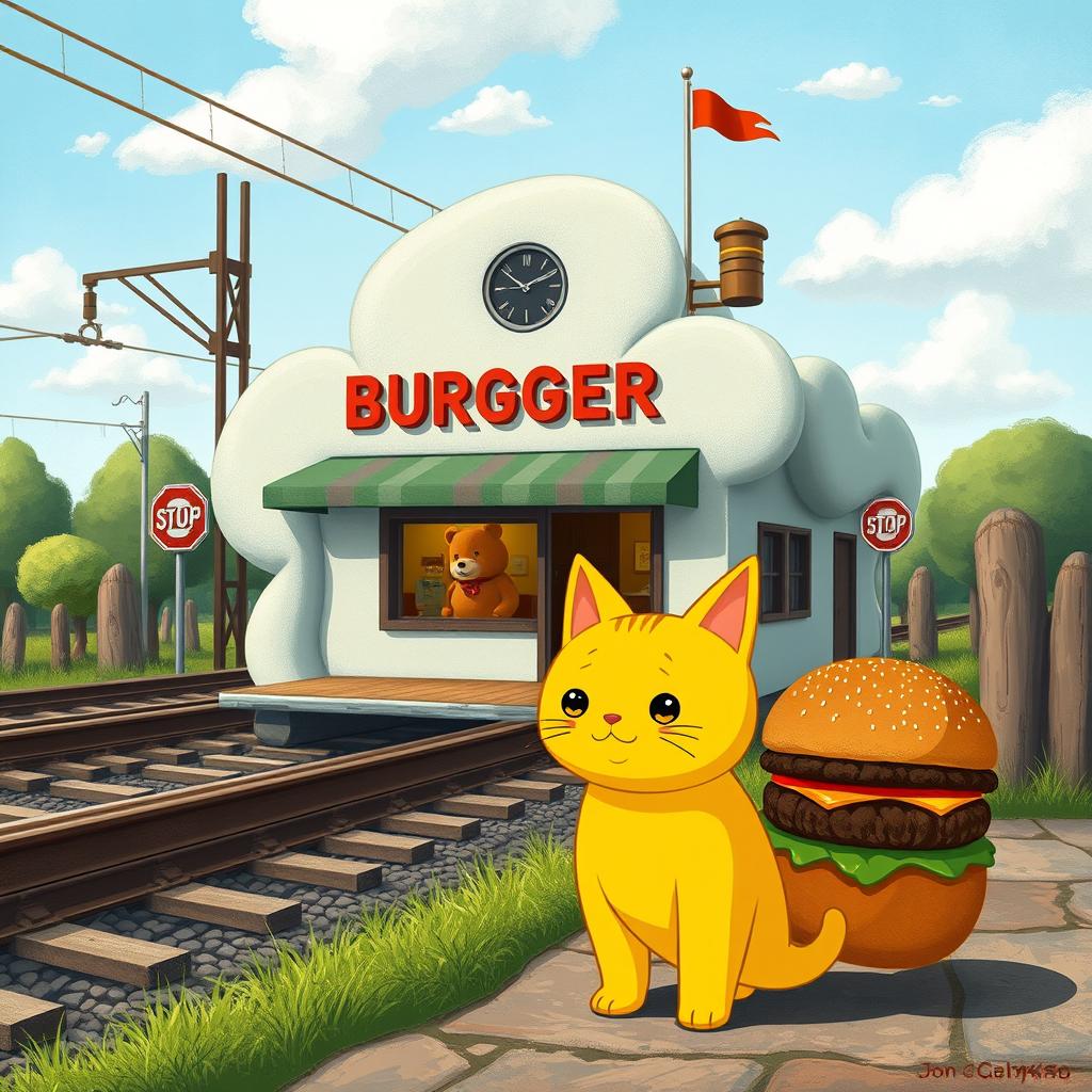 A delightful scene set beside a railroad featuring a playful cloud-shaped train station, home to a whimsical hamburger shop