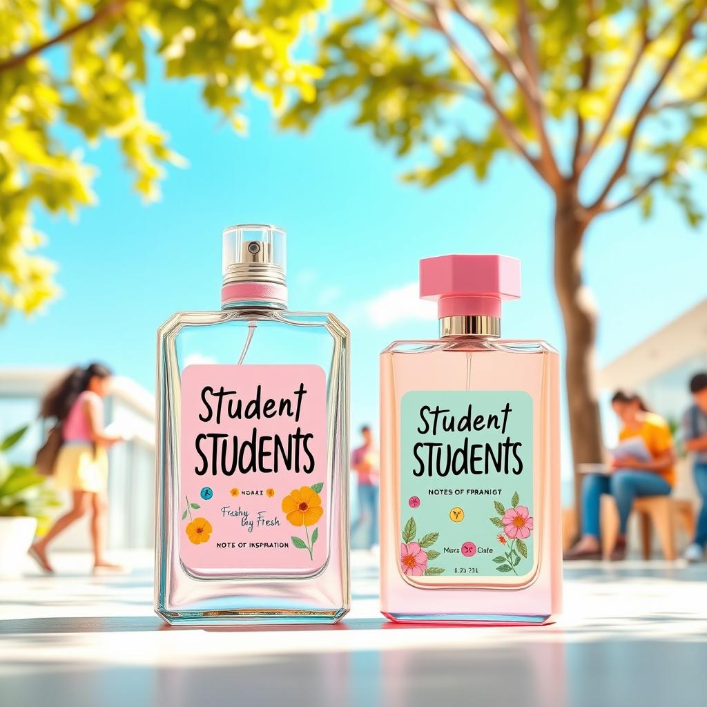 A modern and stylish perfume bottle designed for students, featuring a sleek and contemporary silhouette