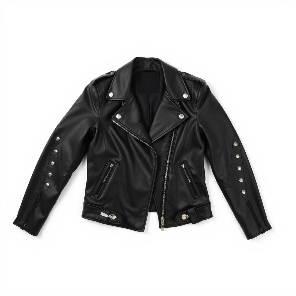 A stylish black leather jacket displayed on a plain white background, perfectly centered