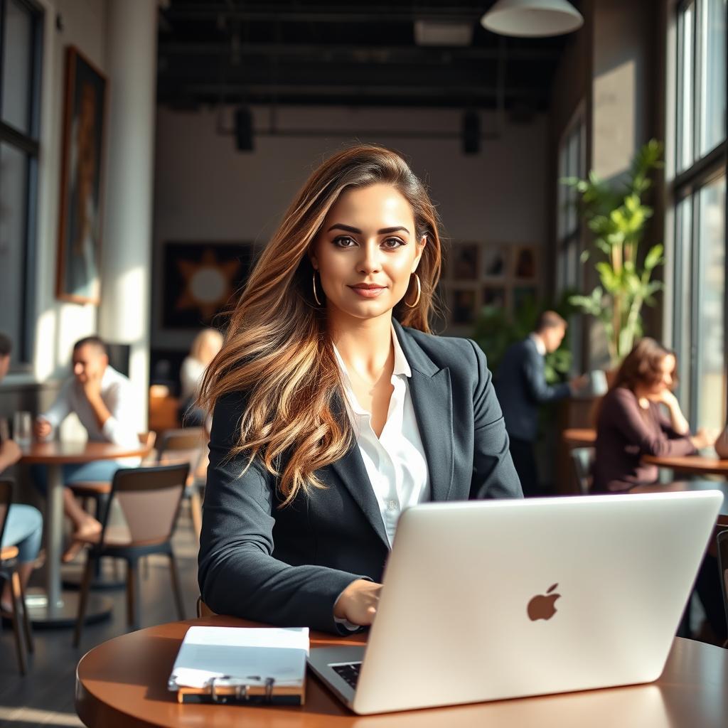 A confident woman in a stylish cafe setting, dressed in chic business attire, sitting at a table with a laptop open in front of her and a notepad beside it