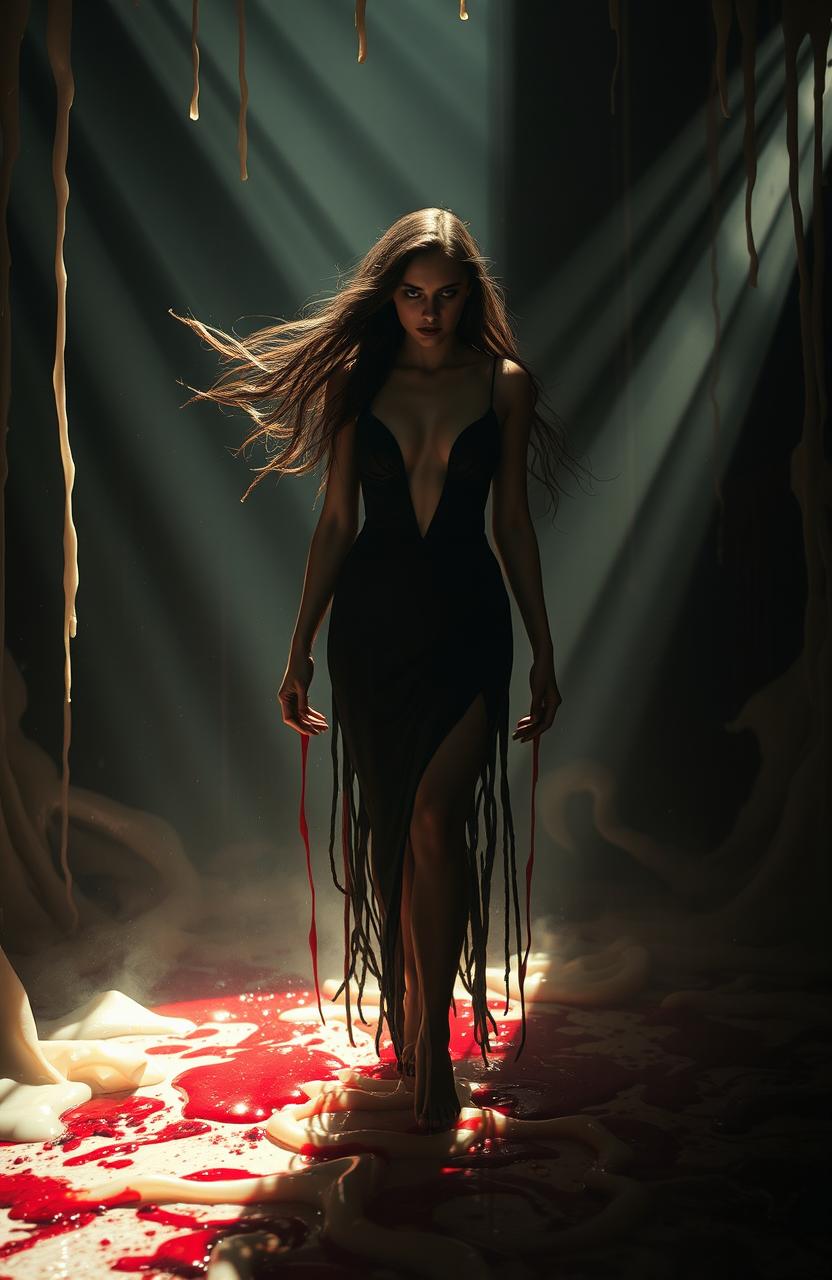 An evocative and mysterious scene depicting a sadistic vibe with elements of wax and blood