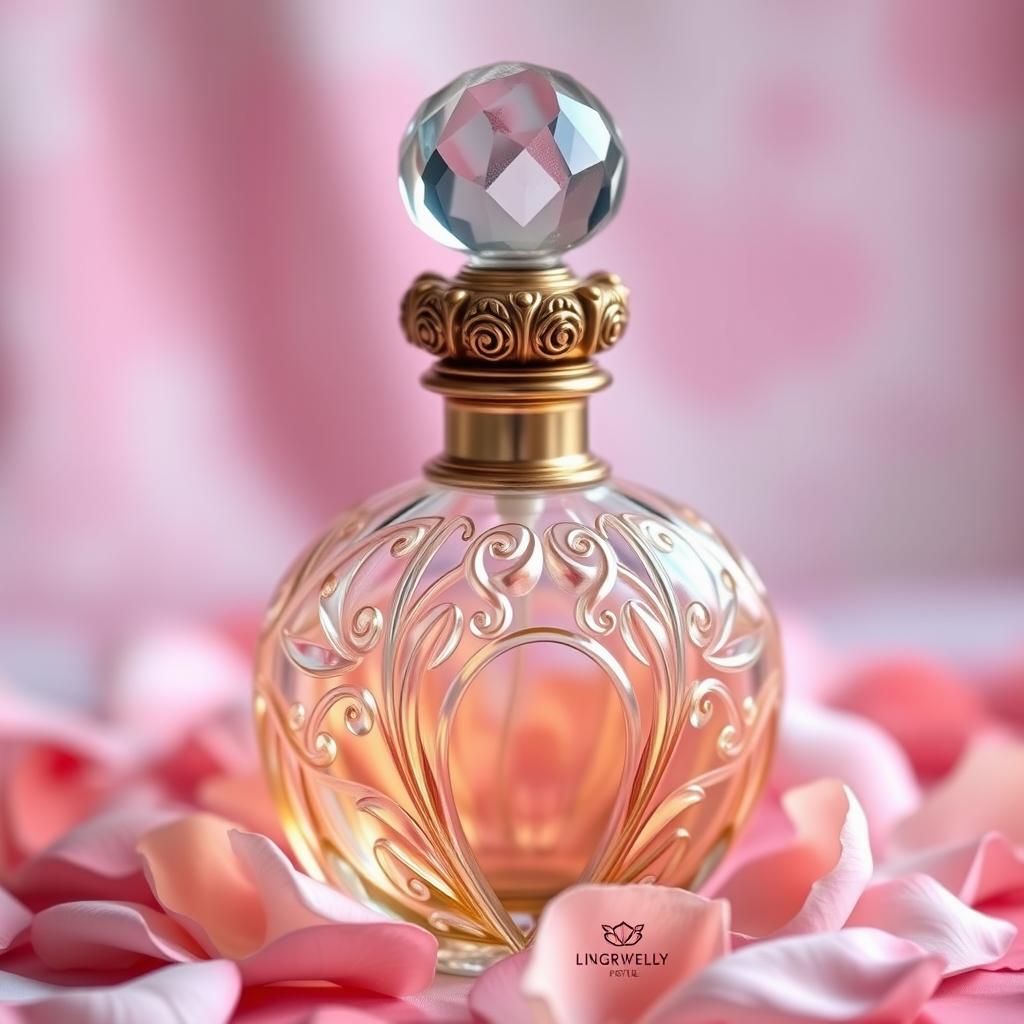 An elegant glass perfume bottle with intricate detailing, showcasing beautiful curves and a shimmering finish