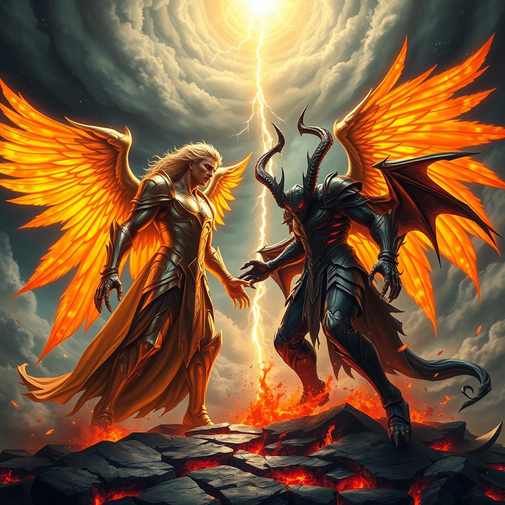 A dramatic confrontation scene depicting Lucifer and Satanas as two powerful, fiery figures in a cosmic battle