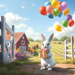 On a sunny day, a cheerful little white rabbit wearing a birthday hat is standing at the entrance of a vibrant farm, holding a beautifully wrapped gift box