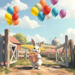On a sunny day, a cheerful little white rabbit wearing a birthday hat is standing at the entrance of a vibrant farm, holding a beautifully wrapped gift box