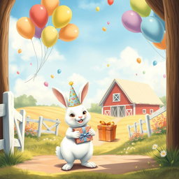 On a sunny day, a cheerful little white rabbit wearing a birthday hat is standing at the entrance of a vibrant farm, holding a beautifully wrapped gift box