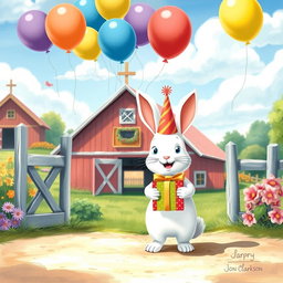 On a sunny day, a cheerful little white rabbit wearing a birthday hat is standing at the entrance of a vibrant farm, holding a beautifully wrapped gift box