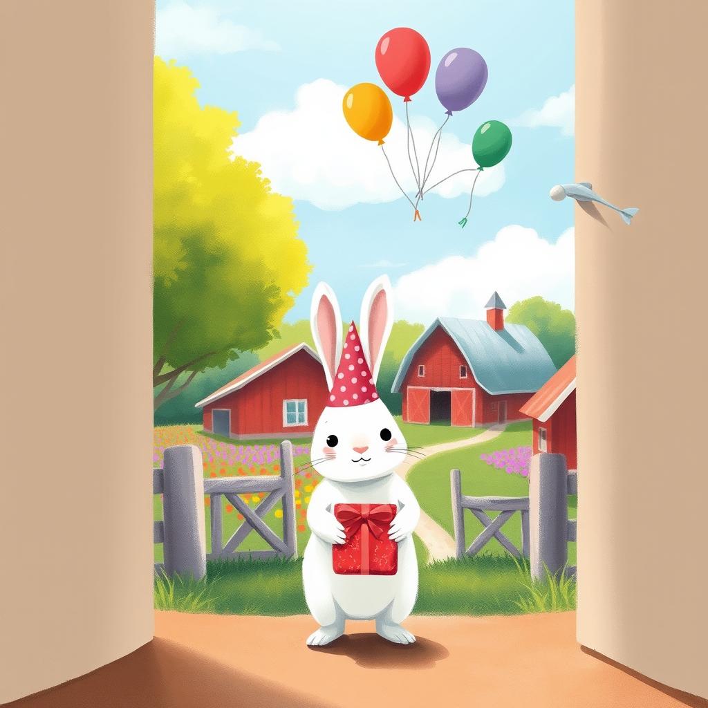 On a sunny day, a cute little white rabbit wearing a birthday hat is standing at the entrance of a vibrant farm, holding a beautifully wrapped gift box