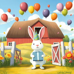 On a sunny day, a cute little white rabbit wearing a birthday hat is standing at the entrance of a vibrant farm, holding a beautifully wrapped gift box