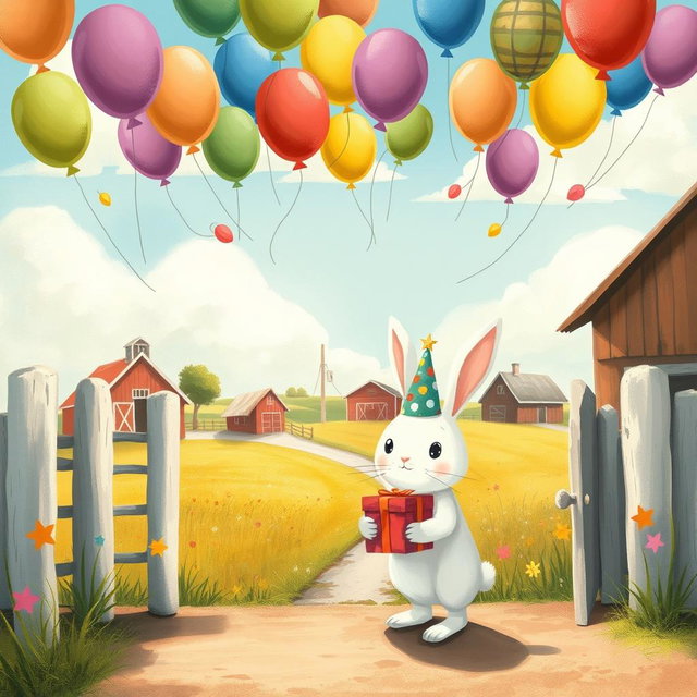 On a sunny day, a cute little white rabbit wearing a birthday hat is standing at the entrance of a vibrant farm, holding a beautifully wrapped gift box