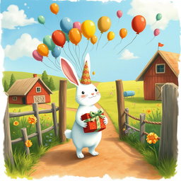 On a sunny day, a cute little white rabbit wearing a birthday hat is standing at the entrance of a vibrant farm, holding a beautifully wrapped gift box