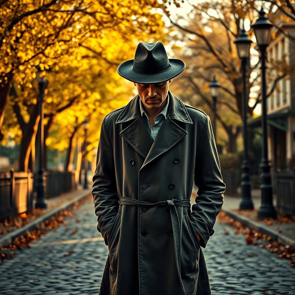 A sad man standing alone on a vintage road, surrounded by rustic scenery