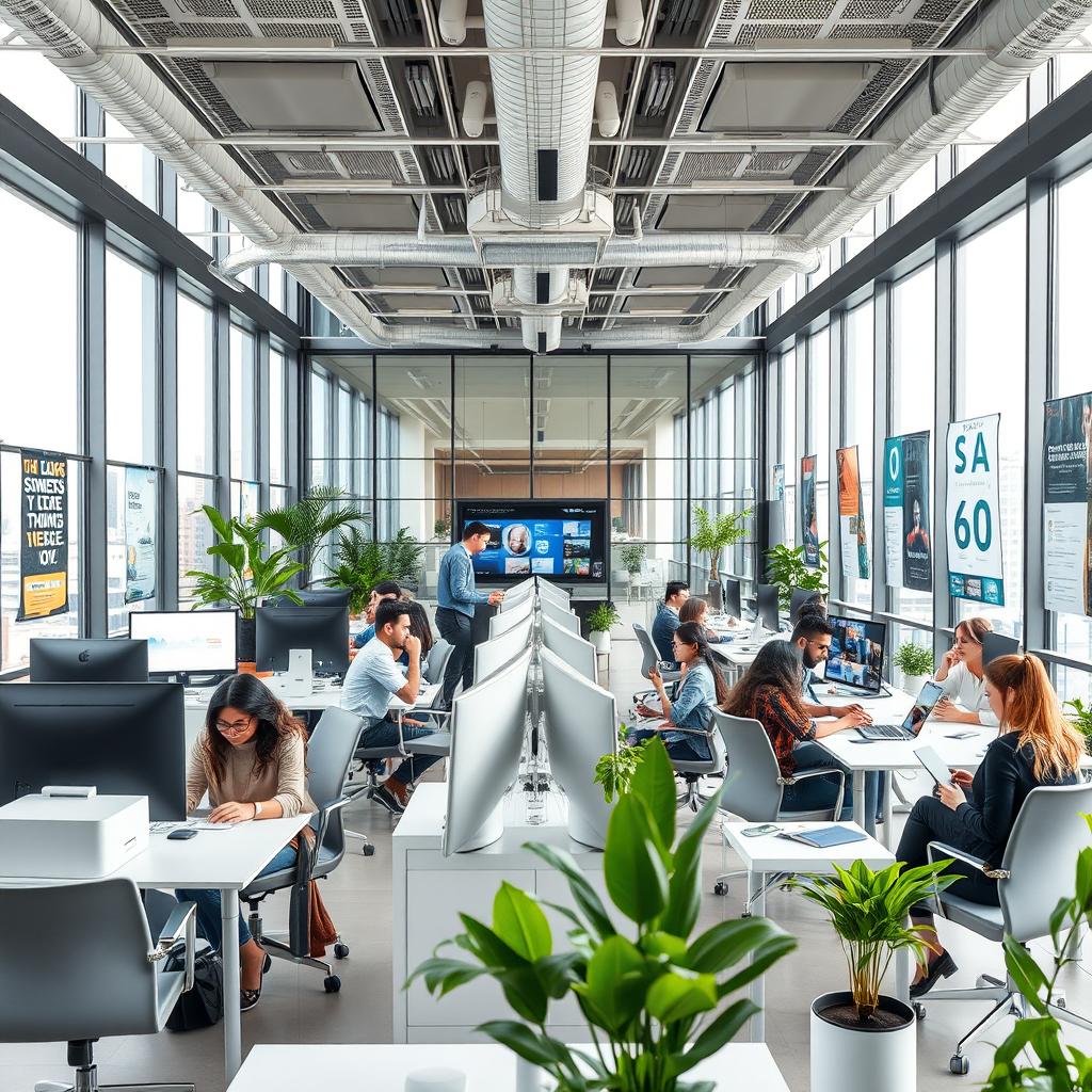 A modern multinational company office, featuring a sleek open-plan design with large glass windows allowing natural light to flood the space