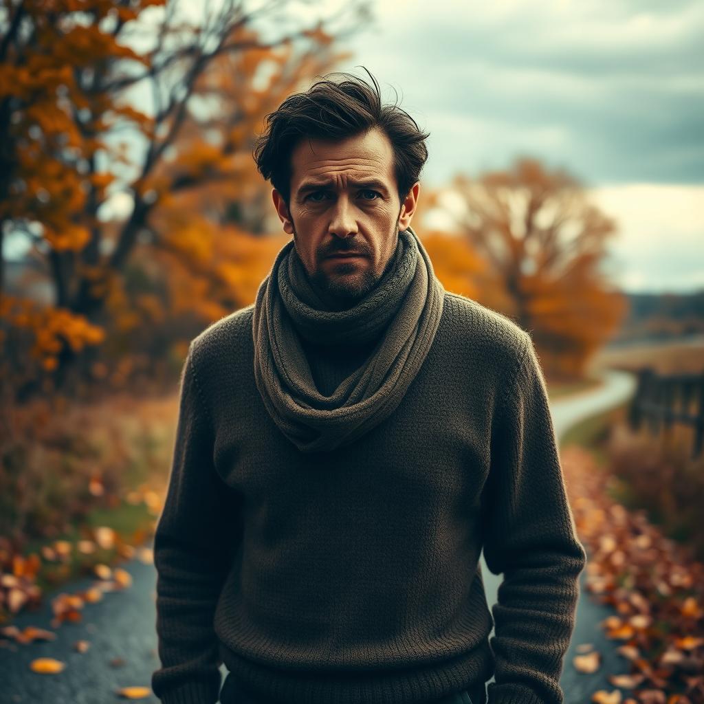 A melancholic scene depicting a sad man walking along a vintage autumn road