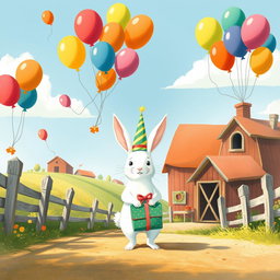 On a bright sunny day, a charming little white rabbit wearing a festive birthday hat stands at the entrance of a lively farm, holding a beautifully wrapped gift box