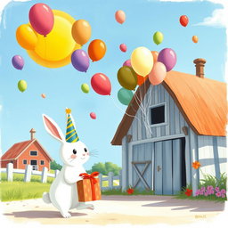 On a bright sunny day, a charming little white rabbit wearing a festive birthday hat stands at the entrance of a lively farm, holding a beautifully wrapped gift box