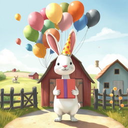 On a bright sunny day, a charming little white rabbit wearing a festive birthday hat stands at the entrance of a lively farm, holding a beautifully wrapped gift box