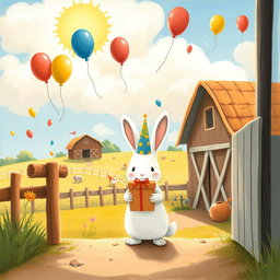 On a bright sunny day, a charming little white rabbit wearing a festive birthday hat stands at the entrance of a lively farm, holding a beautifully wrapped gift box