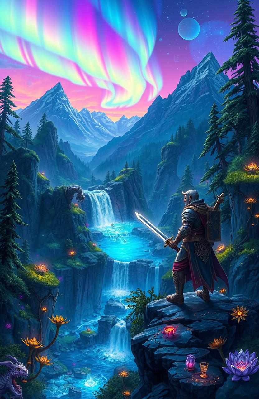 A vibrant fantasy scene depicting an adventurous quest in a magical realm