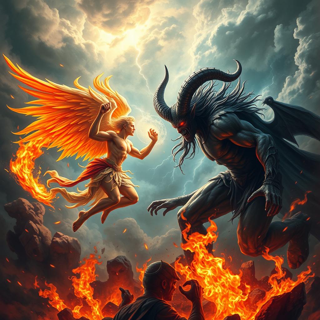 A dramatic and intense scene depicting the battle between Lucifer, depicted as a fierce angel with fiery wings and a radiant halo, and Satan, portrayed as a dark, shadowy figure with twisted horns and red glowing eyes