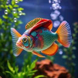 A colorful Louhan fish wearing a beautifully detailed hijab, swimming gracefully in a serene aquarium setting