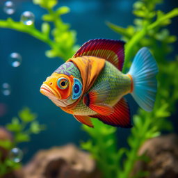 A colorful Louhan fish wearing a beautifully detailed hijab, swimming gracefully in a serene aquarium setting