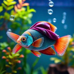 A colorful Louhan fish wearing a beautifully detailed hijab, swimming gracefully in a serene aquarium setting