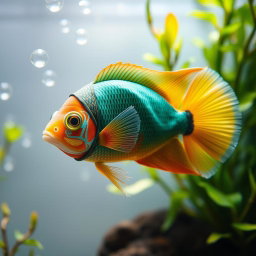 A colorful Louhan fish wearing a beautifully detailed hijab, swimming gracefully in a serene aquarium setting