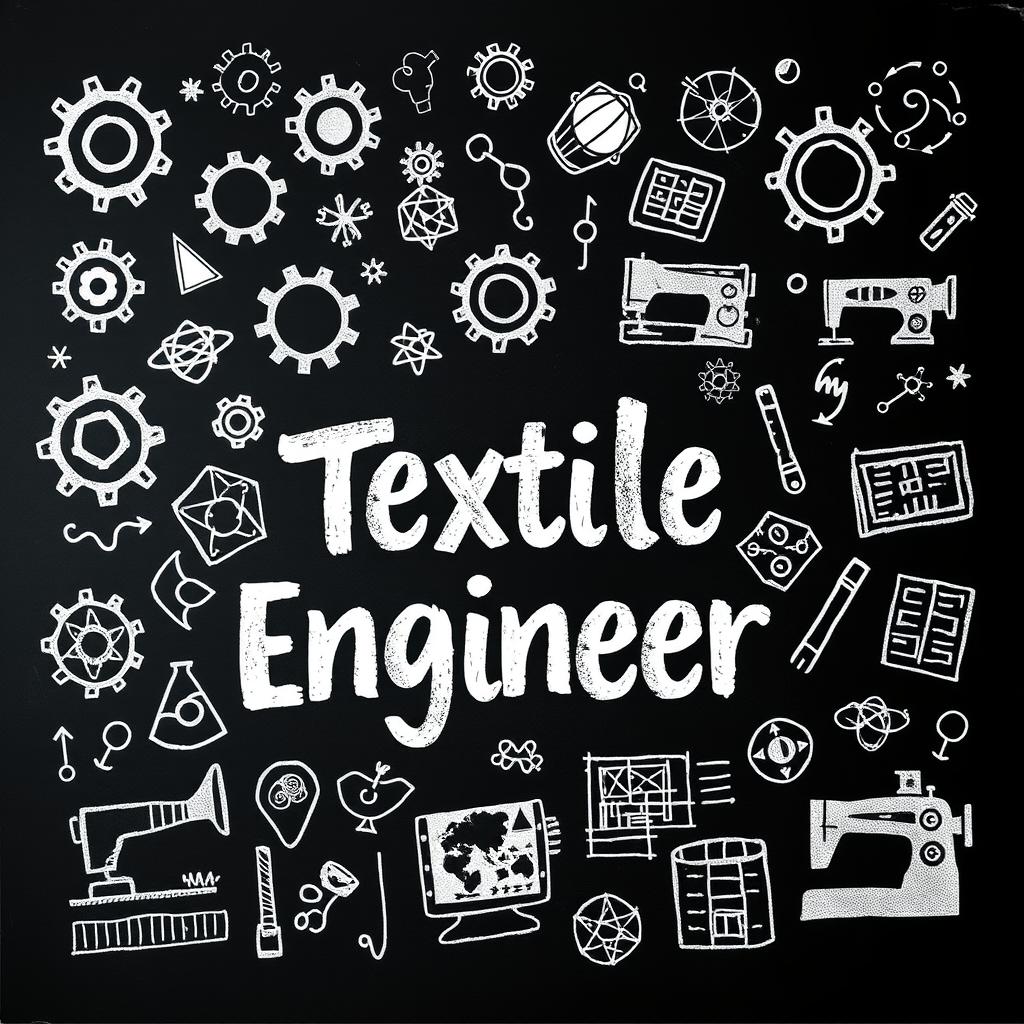 A chalkboard-style design featuring an array of doodles related to engineering and science, including images of gears, molecules, blueprints, sewing machines, fabric patterns, and technical drawings