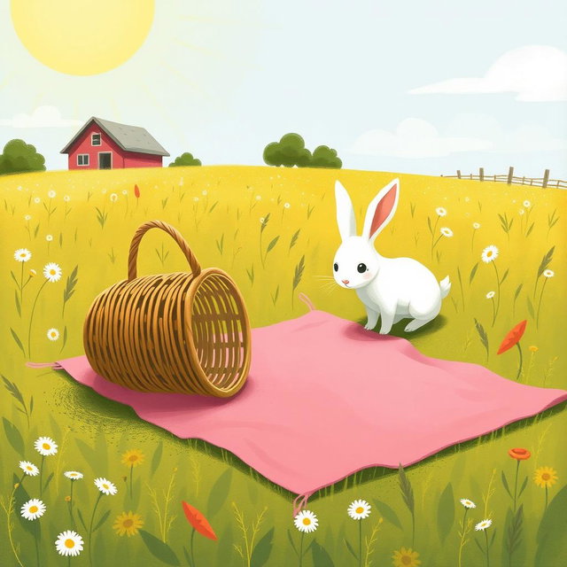 On a sunny day in a farm meadow, a pink picnic blanket is spread out on the grass, with an overturned empty basket resting on it