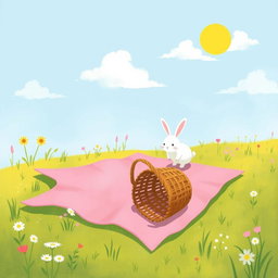On a sunny day in a farm meadow, a pink picnic blanket is spread out on the grass, with an overturned empty basket resting on it