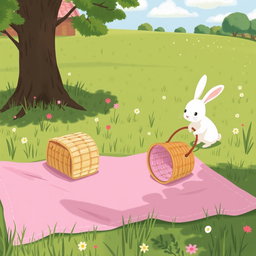 On a sunny day in a farm meadow, a pink picnic blanket is spread out on the grass, with an overturned empty basket resting on it