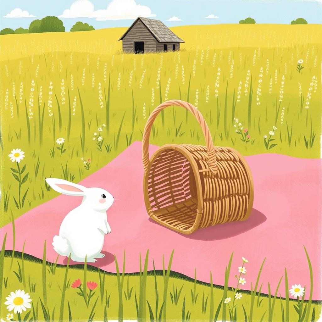 On a sunny day in a farm meadow, a pink picnic blanket is spread out on the grass, with an overturned empty basket resting on it