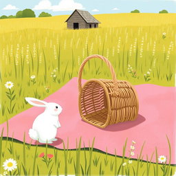 On a sunny day in a farm meadow, a pink picnic blanket is spread out on the grass, with an overturned empty basket resting on it