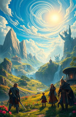 A magnificent landscape depicting an adventure in a realm of gods, featuring towering mountains with majestic temples, lush meadows filled with vibrant flowers, and cascading waterfalls