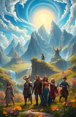 A magnificent landscape depicting an adventure in a realm of gods, featuring towering mountains with majestic temples, lush meadows filled with vibrant flowers, and cascading waterfalls