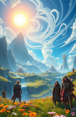 A magnificent landscape depicting an adventure in a realm of gods, featuring towering mountains with majestic temples, lush meadows filled with vibrant flowers, and cascading waterfalls
