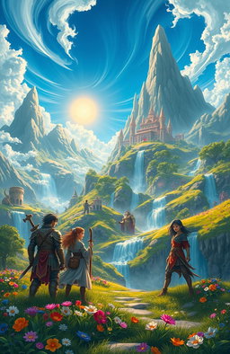A magnificent landscape depicting an adventure in a realm of gods, featuring towering mountains with majestic temples, lush meadows filled with vibrant flowers, and cascading waterfalls