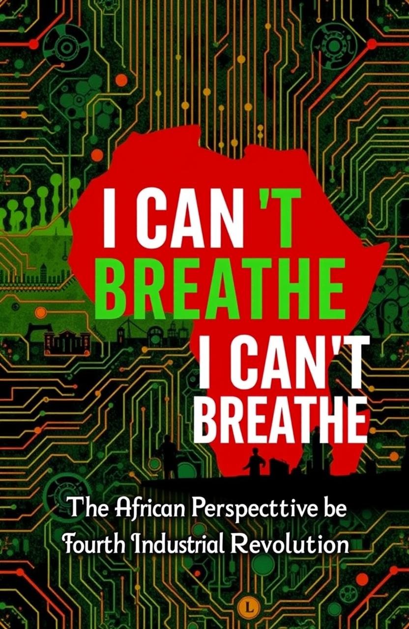 A vibrant and thought-provoking book cover design for 'I Can't Breathe: The African Perspective of the Fourth Industrial Revolution'