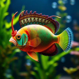 A vibrant Flower Horn fish adorned with an exquisitely designed hijab, swimming gracefully in a serene aquatic environment