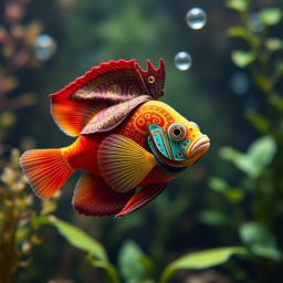 A vibrant Flower Horn fish adorned with an exquisitely designed hijab, swimming gracefully in a serene aquatic environment